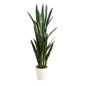 Nearly Natural 5-ft UV Resistant Artificial Sansevieria Snake Plant in White Decorative Planter (Indoor/Outdoor) - 1 of 4