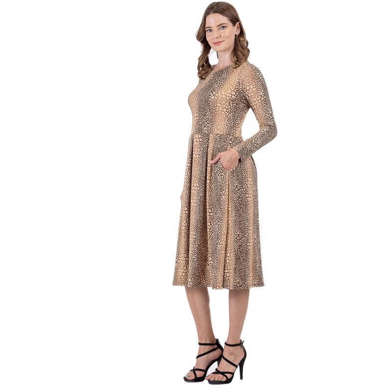 24seven Comfort Apparel Animal Print Long Sleeve Pleated Midi Dress with Pockets, 2 of 5