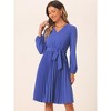 Allegra K Women's V Neck Puff Long Sleeve Flowy A Line Tie Waist Pleated Casual Dress - 2 of 4