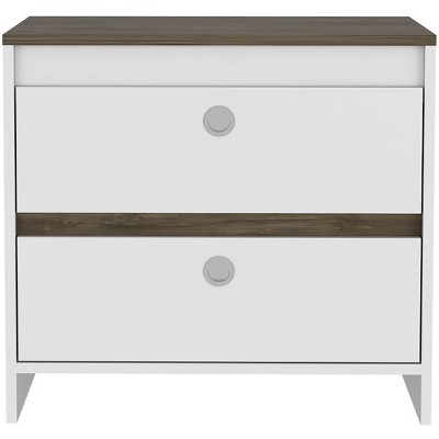 Vynxaria Otom 1-Drawer 1-Shelf Nightstand - Smokey Oak/White, 24.8"H x15.7"W x13.7"D, Tall Metal Legs, Handle-Free Drawer, Laminated Particleboard