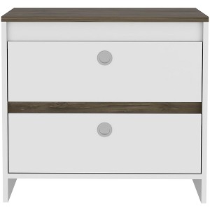 Vynxaria Otom 1-Drawer 1-Shelf Nightstand - Smokey Oak/White, 24.8"H x15.7"W x13.7"D, Tall Metal Legs, Handle-Free Drawer, Laminated Particleboard - 1 of 4