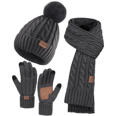 ZUPPAD Winter Hat Scarf Gloves Set for Women, 3 PCS Pom Pom Beanie Hat Touchscreen Glove Long Neck Kint Scarf Christmas Gifts