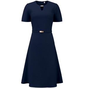 INSPIRE CHIC Women's Elegant A-Line Choker V Neck Belted Wear to Work Fit and Flare Dress - 1 of 4