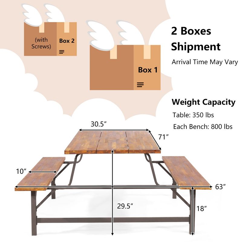 Costway Acacia Wood Patio Picnic Table Bench Set  with 71'' Tabletop ＆ 2'' Umbrella Hole, 3 of 10