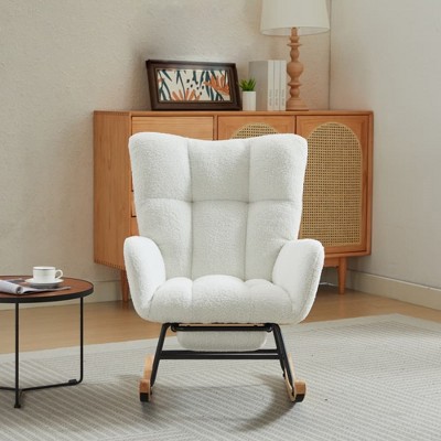 Image of Nursery Rocking Chair with Foot Rest, Upholstered Glider Chair with High Backrest, Reading Chair with Pocket for Living Room Bedroom Office White