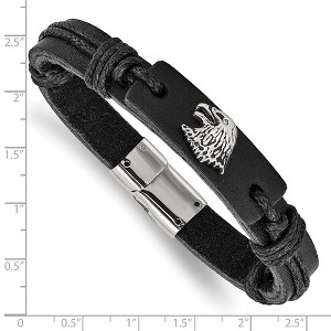 Chisel Stainless Steel Antiqued and Polished Eagle Head Black Leather 8.5" Bracelet - 1 of 4