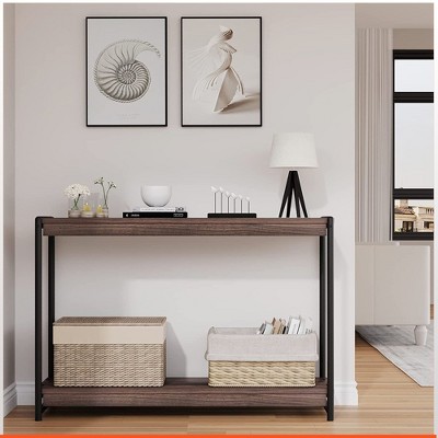 Homhougo Console Table, 39.5 Inch Narrow Entryway Table with 2- Tiers Storage Shelves, Entrance Table Tan