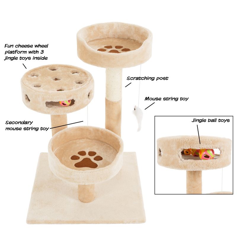 3-Tier Cat Tree - 2 Carpeted Napping Perches, Sisal Rope Scratching Post, Hanging Mouse, and Interactive Cheese Wheel Toy by PETMAKER (Tan and Brown), 3 of 8
