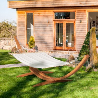 Vynxaria Outdoor Hammock with Stand, Extra Large Heavy Duty Wooden Frame, No Tree Needed, 12.8' Indoor Boho Style Nap Bed, Natural Cotton, White
