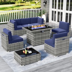 LayinSun 8 Piece Patio Furniture Set with 44" Propane Gas Fire Pit Table, Outdoor Sectional Conversation Set Wicker Rattan Sofa Set - 1 of 4