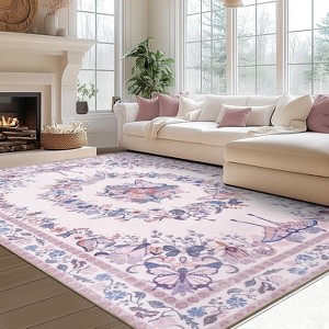 Large Beige Butterfly Floral Area Rug, Ultra-Thin Non-Slip Washable Mat for Living Room & Bedroom - 1 of 4
