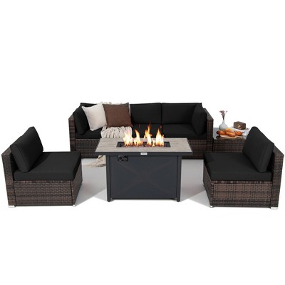 Tangkula 7PCS Patio Rattan Furniture Set Fire Pit Table Cover Cushion