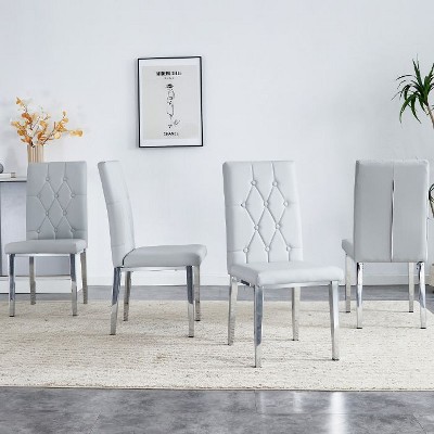 CAVINAS Set of 4 Modern Black PU Dining Chairs with Grid Quilting and Silver Metal Legs, Armless Dining Chairs for Kitchen, Dining Room
