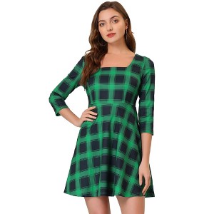 INSPIRE CHIC Women's Plaid Square Neck Pockets High Waist 3/4 Sleeve A-Line Dress - 1 of 4