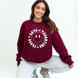 Simply Sage Market Women's Graphic Sweatshirt Peace Love Valentine Smiley - 1 of 4