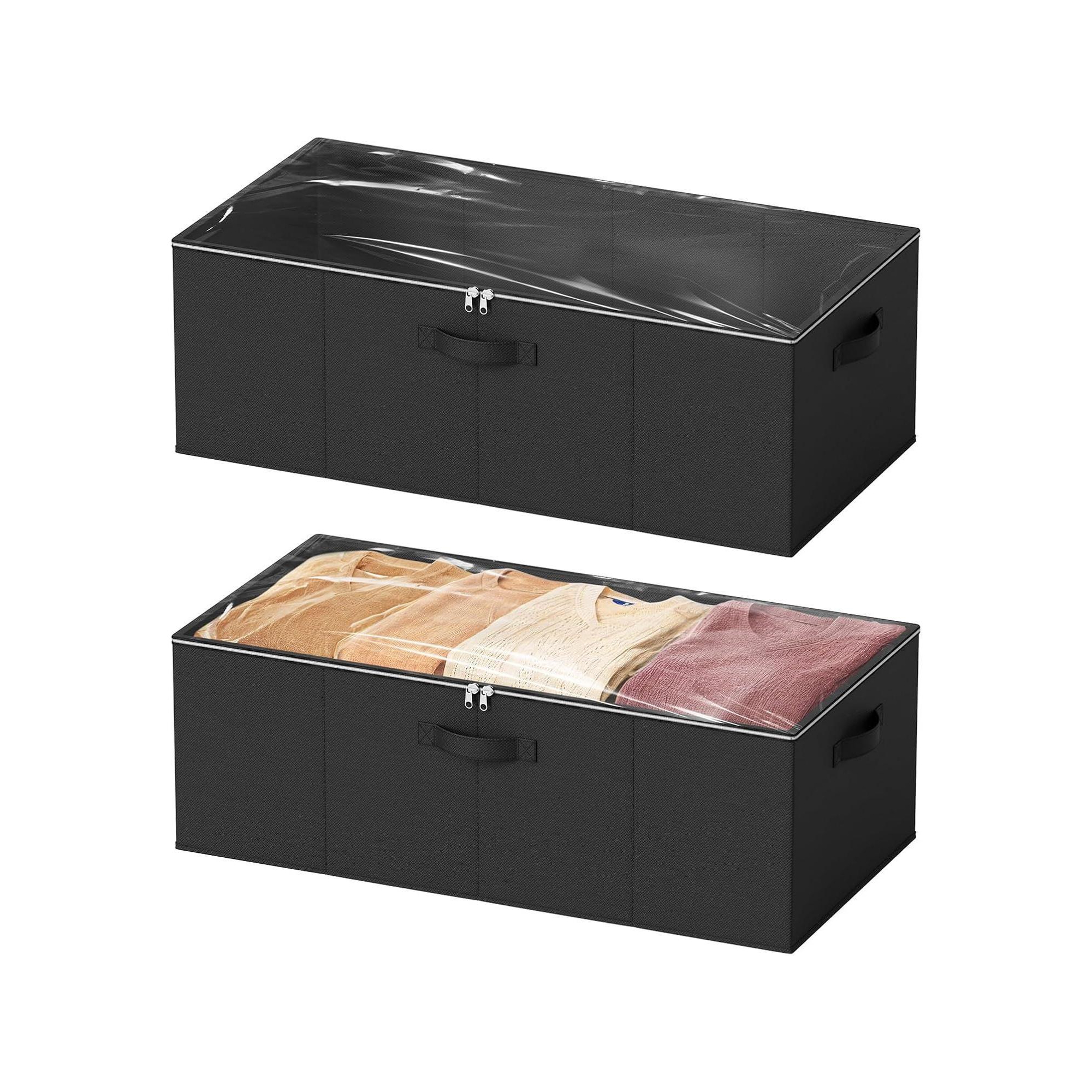 2 Pack Under Bed Storage Bins with Lids - 10" High Large Organizers for Bedroom, Closet, Clothes, Bed Sheets (Black)