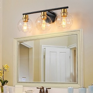 POWLIG 21.65-in 3-Light Black and Gold Modern Dimmable Bathroom Transitional Vanity Light with Transparent Glass Shade - 1 of 4