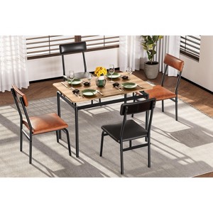 5-Piece Dining Table Set, Wood Table & 4 PU Chairs, Industrial Metal Frame - 1 of 4