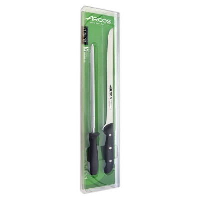 Arcos Maitre Slicing Set: Stainless Steel Carving Knife & Sharpening Steel, Polypropylene Handle, Hand Wash, 2-Piece Set