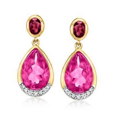 Ross-Simons 6.50 ct. t.w. Pink Topaz and .80 ct. t.w. Rhodolite Garnet Drop Earrings With .14 ct. t.w. Diamonds in 18kt Gold Over Sterling