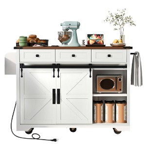TiramisuBest 53.7in Farmhouse Kitchen Island with Power Outlet, 2 Sliding Barn Door Kitchen Storage Island with Drop Leaf, Spice Rack Rol - 1 of 4