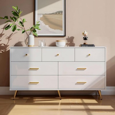ALEXOUN 7 Drawer Dresser for Bedroom,High Gloss Dresser with Gold Metal Handles & Adjustable Legs,Wide Drawers for Bedroom,Living Room,Hallway,White