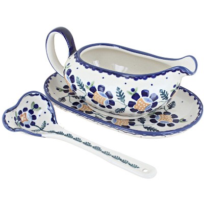 Blue Rose Polish Pottery S119 Manufaktura Gravy Boat Plate & Ladle