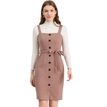 Allegra K Women's Classic Button Decor Slim Fit Sleeveless Tie Waist Pinafore Overall Dress