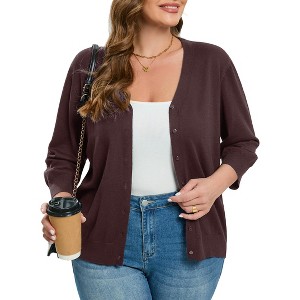 Coolmee Women's Plus Size Cardigan Lightweight V-Neck Button Down 3/4 Sleeve Cardigan Sweater XL Apricot - 1 of 1