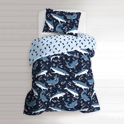 Navy Blue Cotton Twin Kids Shark Bed Set
