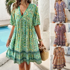 Women's Bohemian Contrast Print V-Neck Short Sleeve Dress - 1 of 4