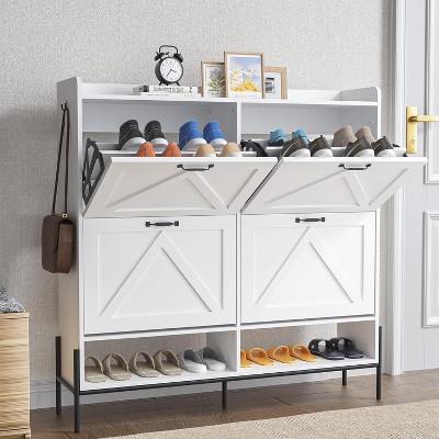 Whizmax 4-Drawer Shoe Cabinet, Freestanding Entryway Organizer with Flip-Up Doors, Metal Legs, Narrow Shoe Rack for Dry/Wet Separation Storage
