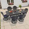 7-Piece Rectangle Cast Aluminum Outdoor Patio Dining Set with Swivel Chairs & Blue Cushions & Umbrella Hole - 2 of 4