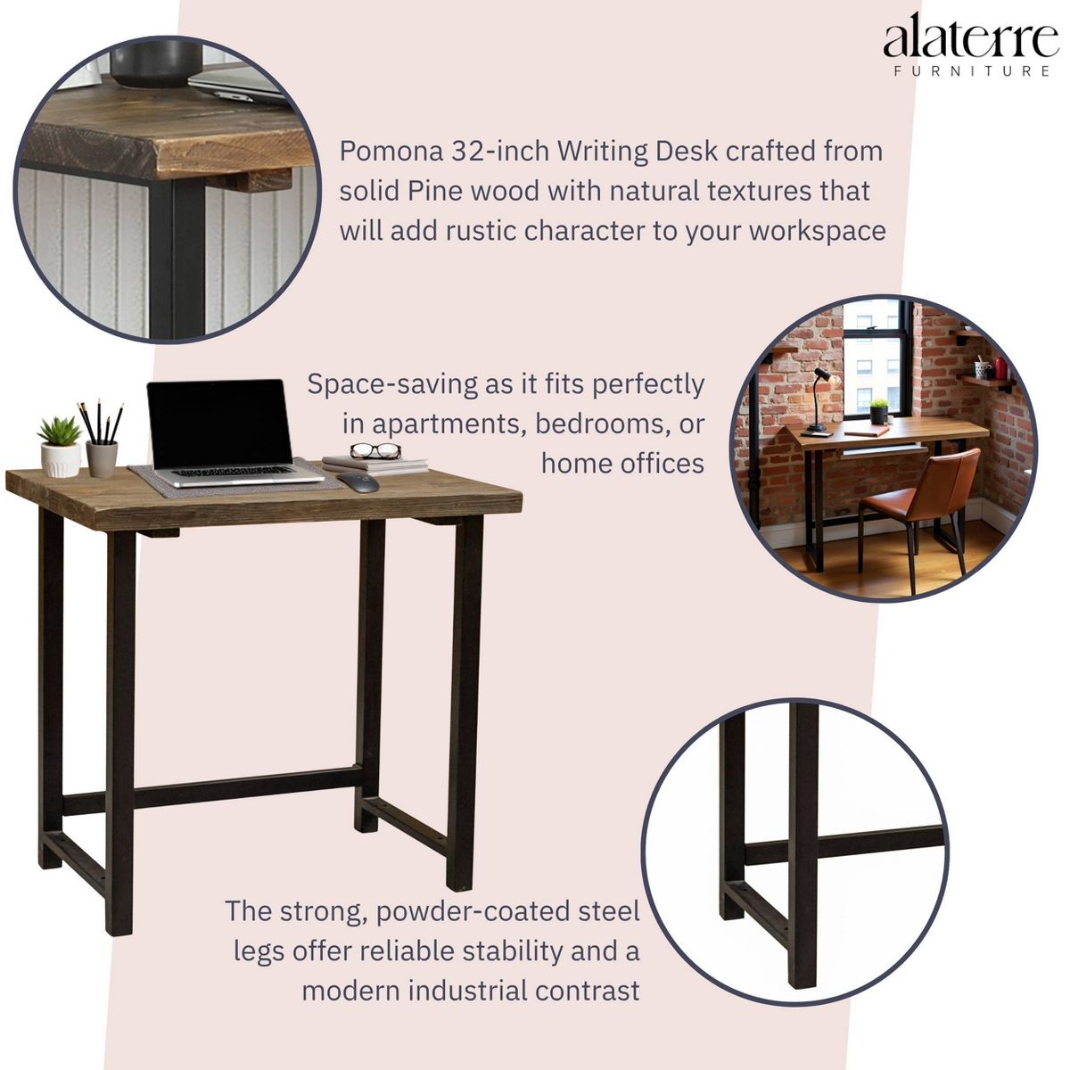 Pomona Metal and Solid Wood Desk - Alaterre Furniture - thumbnail 3