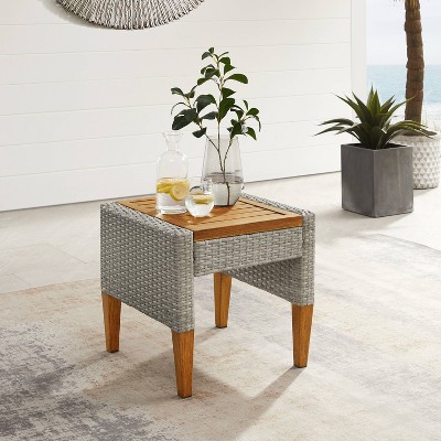 Gray and Acorn Wicker Outdoor Side Table with Steel Top