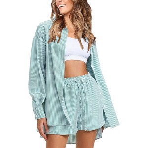EXLURA Women's Summer 2 Piece Sets Long Sleeve Button Down Shirts Matching Short Sets Oversized Spring Vacation Outfits - 1 of 4