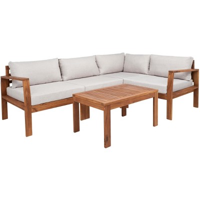 Endelia Natural Wood 4-Piece Patio Set with Light Gray Cushions