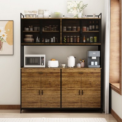 Famapy 63"W Brown Standard Baker's Rack with Storage Shelves Modern Pantry Cabinet