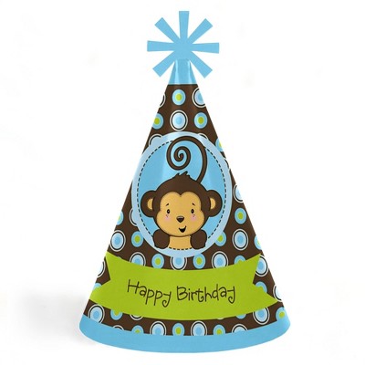 Big Dot of Happiness Blue Monkey Boy - Cone Happy Birthday Party Hats for Kids and Adults - Set of 8 (Standard Size)