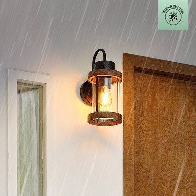 Globe Electric 1-Light Matte Black Outdoor Wall Sconce with Clear Glass Shade and Faux Wood Accents: ETL Listed, Includes Mounting Hardware