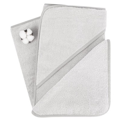 Gray Hooded Baby Bath Towel and Washcloth Set in Turkish Cotton