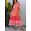 Amaryllis Women’s Sleeveless Boho Floral Print Midi Dress with Tiered Skirt Tassel Tie V Neck Smocked Waist - 4 of 4