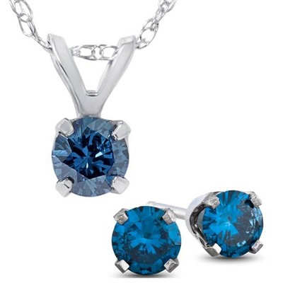 Pompeii3 3/4ct Blue Diamond Solitaire Pendant & Studs Set 10K White Gold & Chain