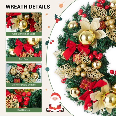 18" Pre-Lit Christmas Wreath for Front Door, Lighted Christmas Door Wreath with Bow Knots, Ball Ornaments, Winter Porch Decorative Garland