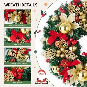 18" Pre-Lit Christmas Wreath for Front Door, Lighted Christmas Door Wreath with Bow Knots, Ball Ornaments, Winter Porch Decorative Garland - 1 of 4