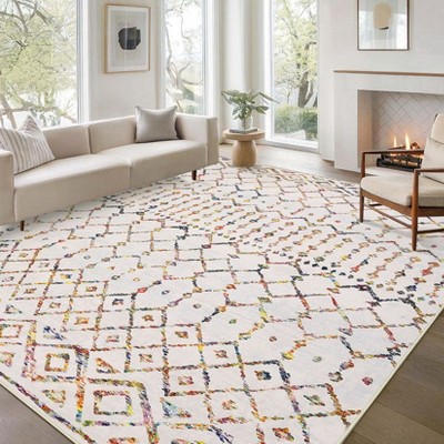 Washable Vintage Geometric Rug Non Slip Low Pile Rug Soft Floor Cover Foldable Indoor Carpet for Living Room Bedroom Playroom Office