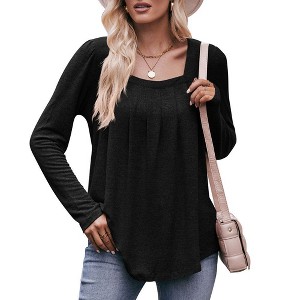 トップス SQUARE NECK LADY LIKE PLEATS TOP Women's Square Neck Pleated Long Sleeve T-Shirt, Casual Loose Fit