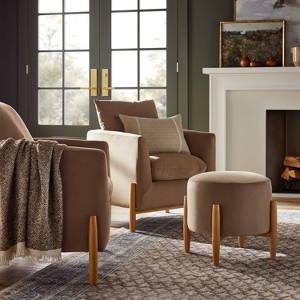 Elroy Round Velvet Ottoman with Wooden Legs - Threshold™ designed with Studio McGee - 1 of 4
