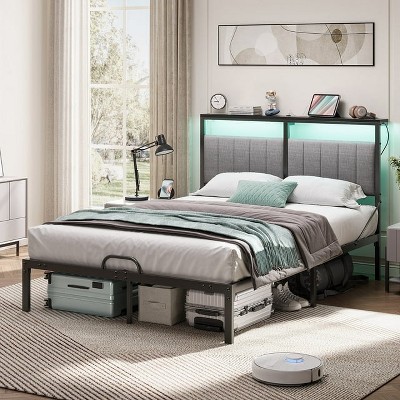 Bestier Queen Bed Frame with Upholstered Headboard Mattress Slide Stopper |  Platform Bedframe with LED Lights, Sturdy Metal Legs Black