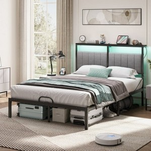 Bestier Queen Bed Frame with Upholstered Headboard Mattress Slide Stopper |  Platform Bedframe with LED Lights, Sturdy Metal Legs Black - 1 of 4